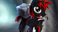 Size: 1960x1080 | Tagged: safe, artist:dshou, oc, oc only, earth pony, pony, companion cube, earth pony oc, jewelry, open mouth, pendant, portal (valve), portal gun, raised hoof, red and black oc, smiling, solo