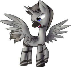 Size: 1076x1007 | Tagged: safe, artist:dshou, oc, oc only, oc:thundercloud, alicorn, pony, zebra, zebra alicorn, alicorn oc, horn, open mouth, simple background, solo, spread wings, transparent background, wings