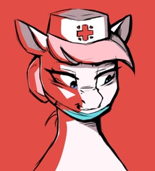 Size: 952x1051 | Tagged: safe, artist:melodylibris, nurse redheart, earth pony, pony, g4, bust, crying, face mask, female, looking away, mare, mask, red background, simple background, solo, surgical mask