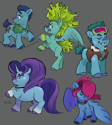 Size: 640x711 | Tagged: safe, artist:umbrellascribbles, earth pony, pegasus, pony, unicorn, branch (trolls), brozone, clay, clay (trolls), colored hooves, floyd, floyd (trolls), group, john dory, john paul, male, ponified, quintet, spread wings, spruce (trolls), stallion, trolls, unshorn fetlocks, wings