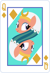 Size: 2000x2936 | Tagged: safe, artist:parclytaxel, somnambula, pegasus, pony, series:parcly's pony pattern playing cards, g4, egyptian, egyptian headdress, egyptian pony, female, headdress, high res, lineless, looking at you, mare, playing card, queen of diamonds, rotational symmetry, smiling, smiling at you, solo, vector