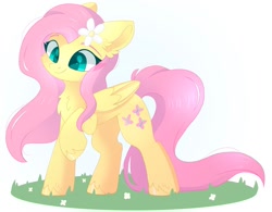Size: 1709x1334 | Tagged: safe, artist:cinnamontee, fluttershy, pegasus, pony, g4, cheek fluff, chest fluff, colored eyebrows, cute, ear fluff, eyebrows, female, flower, folded wings, grass, mare, raised hoof, shyabetes, simple background, smiling, solo, white background, wings