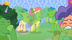 Size: 3072x1727 | Tagged: safe, screencap, berries (g5), dapple, luminous dazzle, ollie north, posey bloom, earth pony, pegasus, pony, unicorn, g5, my little pony: tell your tale, scents of adventure, spoiler:g5, spoiler:my little pony: tell your tale, spoiler:tyts01e60, balloon, eyes closed, female, frown, lip bite, male, mane melody (location), mare, ponytail, stallion, trio, unnamed character