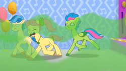 Size: 3072x1727 | Tagged: safe, screencap, luminous dazzle, ollie north, posey bloom, earth pony, pegasus, pony, g5, my little pony: tell your tale, scents of adventure, spoiler:g5, spoiler:my little pony: tell your tale, spoiler:tyts01e60, balloon, female, frown, male, mane melody (location), mare, open mouth, ponytail, stallion, trio, unnamed character