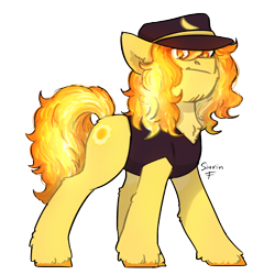 Size: 2480x2480 | Tagged: safe, artist:sinrinf, oc, oc only, oc:banani, earth pony, pony, banana, clothes, facial hair, food, glowing, hat, high res, simple background, solo, transparent background