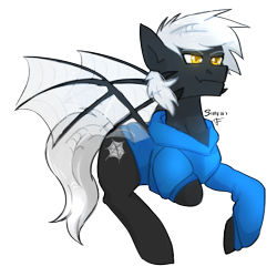 Size: 2480x2480 | Tagged: safe, artist:sinrinf, oc, oc only, oc:pavuken, hybrid, pony, clothes, glowing, glowing eyes, high res, hoodie, simple background, solo, spider web, transparent background