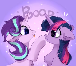 Size: 1512x1312 | Tagged: safe, artist:mirtash, starlight glimmer, twilight sparkle, pony, unicorn, g4, :p, :t, blushing, boop, bust, chest fluff, cute, duo, duo female, ear fluff, ears back, emanata, eye clipping through hair, eye contact, eyebrows, eyebrows visible through hair, female, floppy ears, fluffy, frown, glimmerbetes, horn, looking at each other, looking at someone, mare, nose wrinkle, profile, scrunchy face, silly, silly pony, smiling, sparkles, tongue out, twiabetes, unicorn twilight