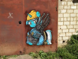 Size: 2643x2000 | Tagged: safe, artist:merik1337, artist:uteuk, derpy hooves, lyra heartstrings, pegasus, pony, unicorn, g4, /mlp/ tf2 general, amputee, duo, engineer, engineer (tf2), female, graffiti, gunslinger (tf2), hat, high res, irl, mare, photo, prosthetic limb, prosthetics, sentry, solo focus, team fortress 2