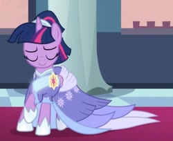 Size: 909x740 | Tagged: safe, screencap, twilight sparkle, alicorn, pony, g4, the last problem, alternate hairstyle, beautiful, canterlot, canterlot castle, carpet, clothes, cropped, dress, evening, eyes closed, female, gown, happy, mare, pillar, red carpet, regal, sash, second coronation dress, solo, turning, twilight sparkle (alicorn)