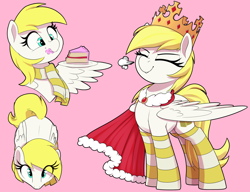 Size: 2600x2000 | Tagged: safe, artist:thebatfang, oc, oc only, oc:sweet cream, pegasus, pony, cake, cape, clothes, compilation, crown, cute, eating, eyes closed, female, food, food on face, high res, jewelry, looking at you, looking up, looking up at you, mare, not aryanne, not derpy, overhead view, regalia, scarf, simple background, smug, snorting, socks, solo, striped scarf, striped socks, wing hold, wings