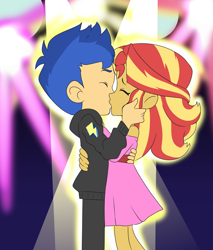 Size: 1950x2289 | Tagged: safe, artist:lirudraw, flash sentry, sunset shimmer, human, equestria girls, g4, spoiler:the owl house, clothes, duo, embrace, eyes closed, female, hand on cheek, kiss on the lips, kissing, male, pink dress, reference to another series, ship:flashimmer, shipping, spoilers for another series, spoilers in the comments, spotlight, straight, the owl house