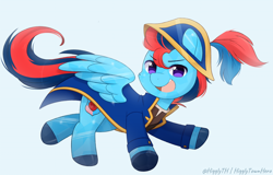 Size: 1200x766 | Tagged: safe, artist:higglytownhero, oc, oc only, oc:andrew swiftwing, oc:swift sail, crystal pony, pegasus, pony, alternate universe, chibi, clothes, coat markings, fantasy class, feather, flying, hat, male, simple background, solo, spread wings, stallion, wings