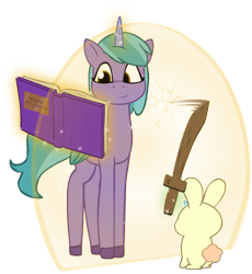 Size: 1369x1487 | Tagged: safe, artist:equestriaexploration, shiny sparks, alicorn, bunnycorn, pony, rabbit, g5, my little pony: tell your tale, alicornified, book, female, force field, magic, mare, race swap, simple background, sparksicorn, transparent background, wooden sword