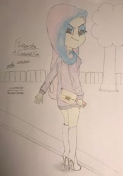 Size: 1484x2119 | Tagged: safe, artist:gibsterboy5, fluttershy, human, equestria girls, g4, alternate hair color, bag, boots, clothes, eyeshadow, female, handbag, high heel boots, high heels, leather, leather boots, looking back, makeup, multicolored hair, park, phone, shoes, signature, simple background, smiling, smirk, solo, standing, stupid sexy fluttershy, sweater, sweater dress, sweatershy, thighs, traditional art, tree, white background