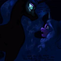 Size: 4096x4096 | Tagged: safe, artist:misstwipietwins, izzy moonbow, nightmare moon, alicorn, pony, unicorn, g4, g5, dialogue, duo, eye contact, eyeshadow, female, glowing, glowing eyes, lidded eyes, looking at each other, looking at someone, looking down, makeup, mare, open mouth