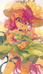 Size: 2234x3774 | Tagged: safe, artist:saxopi, sunny starscout, earth pony, pony, semi-anthro, g5, arm hooves, belly button, choker, clothes, cute, ear fluff, female, flower, flower in hair, hair tie, hat, high res, looking at you, mare, open mouth, pins, sarong, skirt, smiling, smiling at you, solo, sun hat, sunnybetes, swimsuit