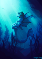 Size: 1080x1520 | Tagged: safe, artist:adagiostring, siren, bubble, commission, crepuscular rays, curved horn, digital art, dorsal fin, fangs, fin, fins, fish tail, flowing mane, gem, happy, horn, kellin quinn, male, ocean, ponified, scales, seaweed, signature, sleeping with sirens, smiling, solo, sunlight, swimming, tail, underwater, water