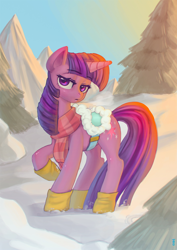 Size: 1500x2122 | Tagged: safe, artist:mrs1989, twilight sparkle, pony, unicorn, g4, winter wrap up, boots, clothes, female, lidded eyes, looking at you, mare, raised hoof, saddle, scarf, shoes, snow, solo, striped scarf, tack, unicorn twilight