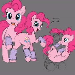 Size: 4075x4096 | Tagged: safe, artist:misstwipietwins, pinkie pie, earth pony, human, pony, g4, balloonbutt, butt, clothes, cute, dialogue, exercise, female, gray background, holding a pony, hooves to the chest, leg warmers, looking at you, mare, no tail, open mouth, open smile, plot, simple background, smiling, sweat, tail