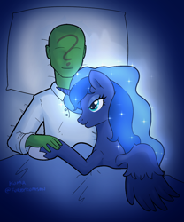 Size: 1080x1297 | Tagged: safe, artist:kumakum, princess luna, oc, oc:anon, alicorn, human, pony, g4, bed, canon x oc, duo, female, human male, human on pony snuggling, male, relaxed, simple background, snuggling, straight, wholesome