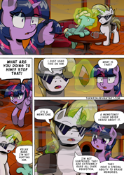 Size: 1204x1700 | Tagged: safe, artist:tarkron, twilight sparkle, zephyr breeze, oc, oc:cosmo cool, alicorn, pegasus, pony, unicorn, comic:the royal sandal, g4, gem, male, memory erased, memory wipe, open mouth, speech bubble, stallion, sunglasses, twilight sparkle (alicorn)