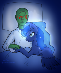 Size: 1080x1297 | Tagged: safe, alternate version, artist:kumakum, princess luna, oc, oc:anon, alicorn, human, pony, g4, (you), bed, canon x oc, duo, female, human and pony, human male, male, simple background, straight, wholesome