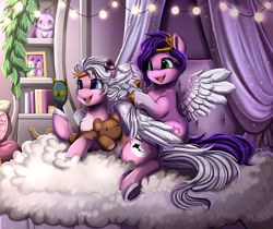 Size: 3494x2940 | Tagged: safe, artist:pridark, pipp petals, zipp storm, oc, oc:bippen silvercrest, pegasus, pony, g5, adorapipp, coat markings, cute, ear markings, female, high res, mare, pegasus oc, royal sisters (g5), siblings, sisters, socks (coat markings), unshorn fetlocks