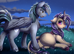 Size: 3530x2570 | Tagged: safe, alternate version, artist:pridark, oc, oc only, oc:iron feather, oc:lotus cinder, kirin, pegasus, pony, fanfic:words of power, blushing, butt, concave belly, female, fluffy, grass, high res, looking at each other, looking at someone, looking back, lying down, male, mare, night, open mouth, outdoors, plot, sfw version, sky, stallion, standing, unshorn fetlocks