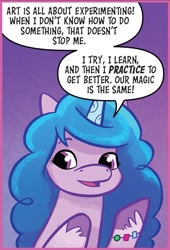 Size: 733x1076 | Tagged: safe, artist:kate sherron, idw, official comic, izzy moonbow, pony, unicorn, camp bighoof #2, g5, my little pony: camp bighoof, spoiler:comic, spoiler:g5comic, bracelet, dialogue, female, friendship bracelet, gradient background, jewelry, mare, positive ponies, solo, speech bubble, unshorn fetlocks