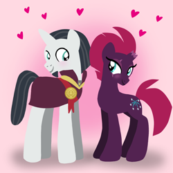 Size: 1400x1400 | Tagged: safe, artist:mlplary6, chancellor neighsay, tempest shadow, pony, unicorn, g4, blushing, boyfriend and girlfriend, broken horn, clothes, duo, female, heart, horn, lineless, looking at each other, looking at someone, love, male, mare, shipping, smiling, smiling at each other, stallion, straight, tempest neighsay