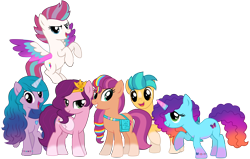 Size: 11414x7266 | Tagged: safe, artist:ejlightning007arts, hitch trailblazer, izzy moonbow, misty brightdawn, pipp petals, sunny starscout, zipp storm, earth pony, pegasus, pony, unicorn, g4, g5, absurd resolution, adorapipp, adorazipp, badge, bag, bracelet, braid, braided ponytail, coat markings, colored hooves, colored horn, colored wings, cute, diadem, facial markings, female, fluttershy's cutie mark, flying, folded wings, freckles, friendship bracelet, g5 to g4, generation leap, gradient hair, gradient hooves, gradient horn, gradient mane, gradient tail, gradient wings, group, handbag, hitchbetes, horn, izzybetes, jewelry, lidded eyes, looking at you, male, mane five, mane six (g5), mane six opening poses, mane stripe sunny, mare, mistybetes, multicolored hair, multicolored mane, multicolored tail, open mouth, open smile, pale belly, pin, ponytail, rainbow dash's cutie mark, rainbow hair, raised hoof, raised hooves, rebirth misty, regalia, sash, satchel, sextet, simple background, smiling, smiling at you, socks (coat markings), spread wings, stallion, standing, sunnybetes, tail, transparent background, twilight sparkle's cutie mark, two toned hair, two toned mane, two toned tail, vector, wings