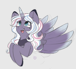 Size: 1280x1165 | Tagged: safe, artist:umbreow, oc, oc:exquisite star, alicorn, pony, female, mare, open mouth, open smile, simple background, smiling, solo, spread wings, wings