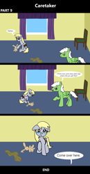 Size: 1920x3688 | Tagged: safe, artist:platinumdrop, derpy hooves, oc, oc:anon, oc:anon stallion, pegasus, pony, comic:caretaker, series:caretaker, g4, 3 panel comic, abuse, angry, avoiding eye contact, bad end, bedroom, blanket, bound wings, bruised, caretaker, chair, comic, commission, crying, curtains, derpybuse, dialogue, disciplinary action, discipline, domestic abuse, duo, duo male and female, ears back, fear, female, floppy ears, frown, furniture, giggling, happy, hoof pointing, implied abuse, implied spanking, indoors, looking at someone, looking at you, looking down, male, mare, offscreen character, open mouth, playing, plushie, punishment, raised hoof, room, rope, sad, scared, scolding, scowl, series, sitting, speech bubble, stallion, stern, talking, tears of sadness, teary eyes, this will end in pain, toy, walking, window, wings