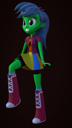 Size: 1080x1920 | Tagged: safe, artist:palmman529, oc, oc:minty storm, human, equestria girls, g4, blue hair, boots, clothes, female, green skin, jacket, kicking, palette swap, recolor, shoes, smiling, socks, solo