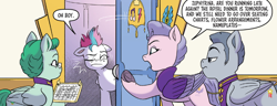 Size: 718x276 | Tagged: safe, artist:amy mebberson, idw, queen haven, zipp storm, pegasus, pony, g5, spoiler:comic, spoiler:g5comic, spoiler:g5comic16, continuity error, dialogue, female, group, male, mare, speech bubble, stallion, unnamed character, unnamed pony, wings
