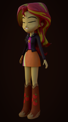 Size: 1080x1920 | Tagged: safe, artist:palmman529, sunset shimmer, human, equestria girls, g4, boots, boots swap, clothes, cowboy boots, eyes closed, female, high heel boots, jacket, leather, leather jacket, shirt, shoes, skirt, smiling, solo, teenager