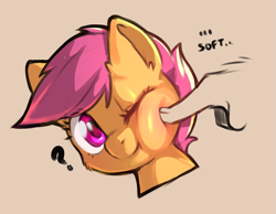 Size: 1143x888 | Tagged: safe, artist:cold-blooded-twilight, scootaloo, pegasus, pony, g4, bust, cheek fluff, cheek squish, confused, cute, cutealoo, dialogue, ear fluff, female, filly, foal, gray background, hand, offscreen character, one eye closed, poking, question mark, simple background, smiling, soft, squishy cheeks, wink