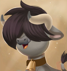 Size: 2056x2180 | Tagged: safe, artist:joaothejohn, oc, oc only, oc:coal trail, bull, bell, bell collar, bovine, collar, covering, covering eyes, fur, high res, horns, male, simple background, smiling