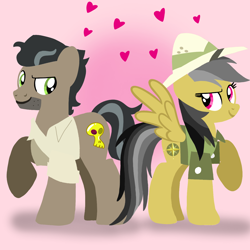 Size: 1400x1400 | Tagged: safe, artist:mlplary6, daring do, doctor caballeron, earth pony, pegasus, pony, g4, boyfriend and girlfriend, clothes, female, hat, heart, lineless, looking at each other, looking at someone, love, male, mare, ship:daballeron, shipping, smiling, smiling at each other, stallion, straight