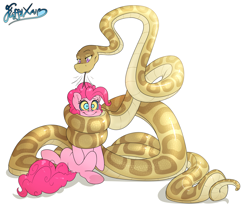Size: 3451x2905 | Tagged: safe, artist:fluffyxai, pinkie pie, oc, oc:anika, serpent, snake, g4, butt, coiling, coils, dock, high res, hypno eyes, hypno pie, hypnosis, kaa eyes, pinkie prey, plot, simple background, smiling, tail, tongue out, white background, wrapped up