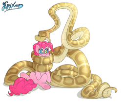Size: 3451x2905 | Tagged: safe, alternate version, artist:fluffyxai, pinkie pie, oc, oc:anika, earth pony, pony, serpent, snake, g4, butt, coiling, coils, dock, eyes closed, high res, hypno eyes, hypno pie, hypnosis, imminent vore, kaa eyes, open mouth, pinkie prey, plot, simple background, smiling, tail, white background, wrapped up