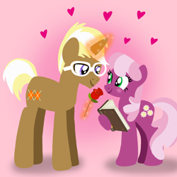 Size: 1400x1400 | Tagged: safe, artist:mlplary6, cheerilee, trenderhoof, earth pony, pony, unicorn, g4, blushing, book, boyfriend and girlfriend, female, flower, glasses, heart, lineless, looking at each other, looking at someone, love, magic, magic aura, male, mare, rose, shipping, smiling, smiling at each other, stallion, straight, trenderlee