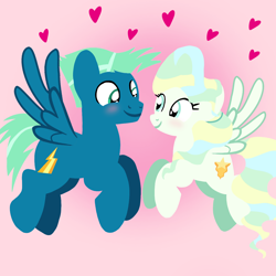 Size: 1400x1400 | Tagged: safe, artist:mlplary6, sky stinger, vapor trail, pegasus, pony, g4, blushing, boyfriend and girlfriend, cute, duo, female, flying, heart, lineless, looking at each other, looking at someone, love, male, mare, ship:vaporsky, shipping, smiling, smiling at each other, stallion, stingerbetes, straight, vaporbetes
