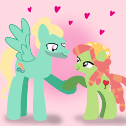 Size: 1400x1400 | Tagged: safe, artist:mlplary6, tree hugger, zephyr breeze, earth pony, pegasus, pony, g4, boyfriend and girlfriend, cute, female, heart, huggerbetes, lineless, looking at each other, looking at someone, love, male, mare, shipping, smiling, smiling at each other, stallion, straight, zephyrbetes, zephyrhugger