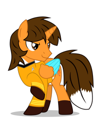 Size: 3600x4577 | Tagged: safe, artist:creedyboy124, oc, oc only, oc:ej, alicorn, pony, g4, clothes, colored wings, fox tail, james t kirk, male, multicolored wings, simple background, smiling, solo, stallion, star trek, tail, transparent background, uniform, vector, wings