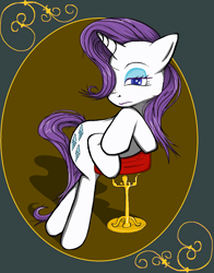 Size: 1222x1558 | Tagged: safe, artist:sallycars, rarity, pony, unicorn, g4, bipedal, bipedal leaning, bored, butt, female, flank, hair over one eye, leaning, looking at you, mare, plot, rarity day, solo, stool, unamused