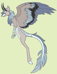 Size: 4673x6051 | Tagged: safe, artist:polish_pigeon, original species, chest fluff, colored wings, countershading, example, flying, horns, large wings, long legs, long tail, male, multicolored wings, pale belly, simple background, tail, tall, talons, wings