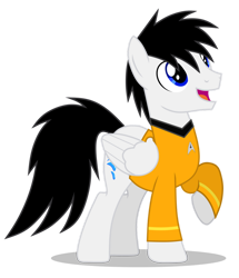 Size: 828x963 | Tagged: safe, artist:creedyboy124, oc, oc only, oc:shane park, pegasus, pony, g4, clothes, hikaru sulu, male, open mouth, simple background, smiling, solo, star trek, transparent background, uniform, vector