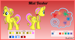 Size: 6000x3240 | Tagged: safe, artist:thunderdasher07, oc, oc only, oc:mist dasher, pegasus, pony, absurd resolution, butt freckles, cutie mark, female, folded wings, freckles, gradient background, hairband, mare, paint splatter, pegasus oc, reference sheet, signature, solo, tail, three quarter view, two toned mane, two toned tail, wings