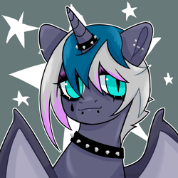 Size: 2000x2000 | Tagged: safe, artist:agdoapch, oc, oc:elizabat stormfeather, alicorn, bat pony, bat pony alicorn, pony, alicorn oc, bat pony oc, bat wings, choker, commission, cute, ear piercing, earring, eyeshadow, female, goth, gray background, hair dye, high res, horn, horn ring, jewelry, lip piercing, makeup, mare, piercing, ring, simple background, snake bites, solo, spiked choker, wings, ych result